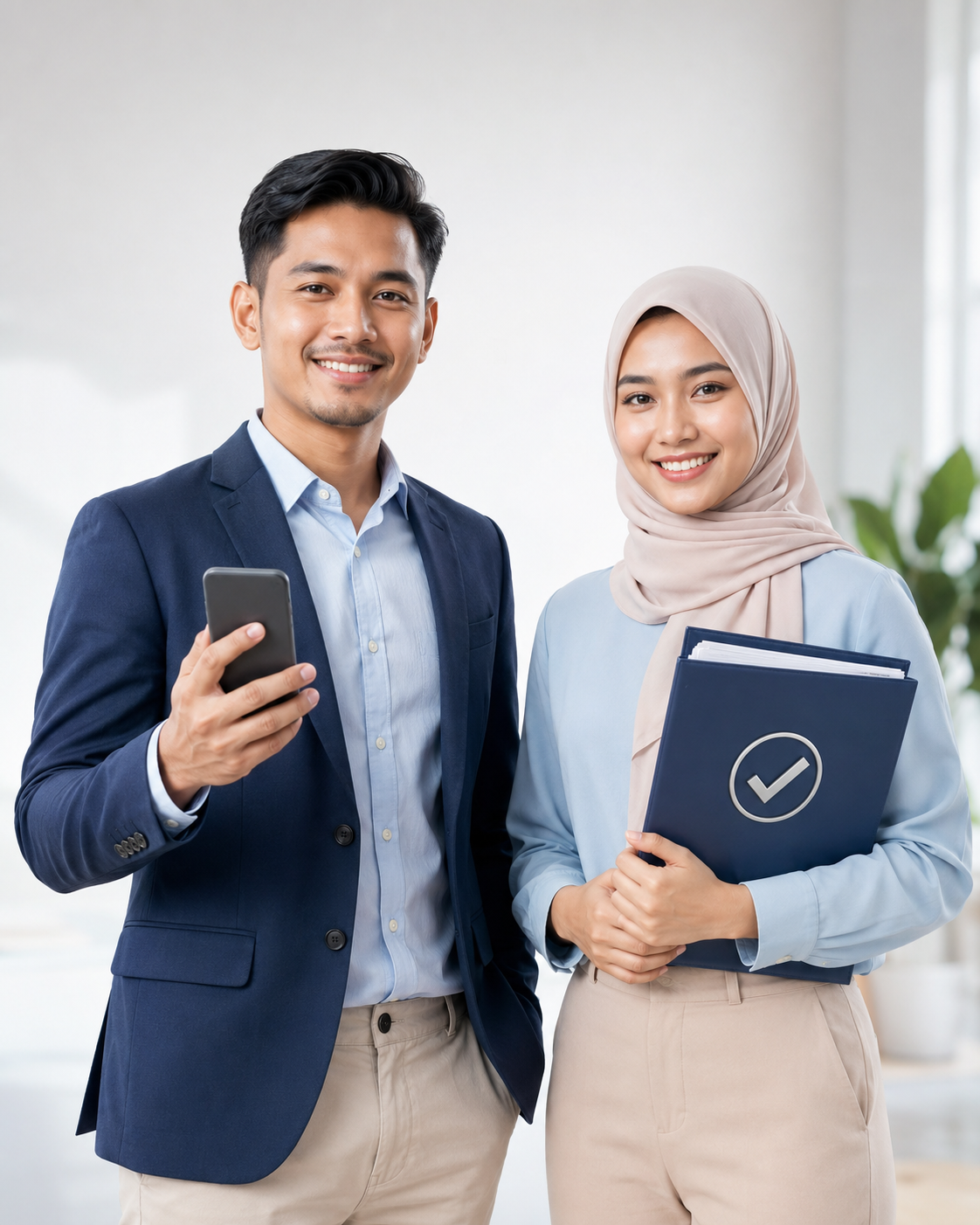 A smiling Malaysian couple: a man with his phone and a woman holding an approved application folder