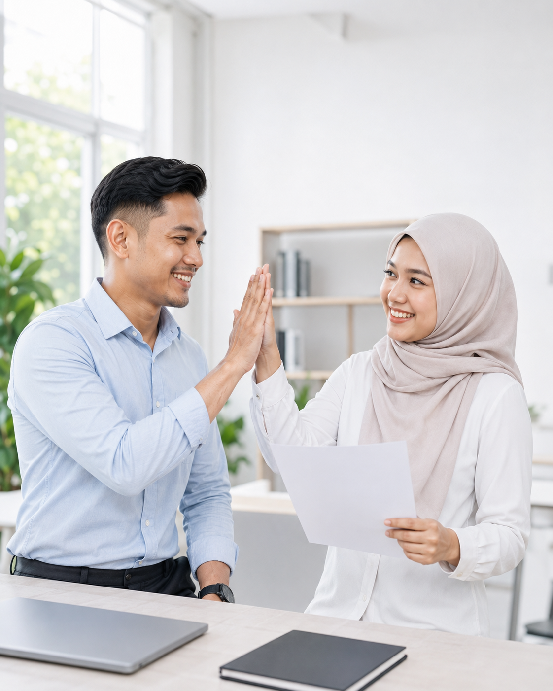 A Malaysian couple celebrating their approved loan with a high five